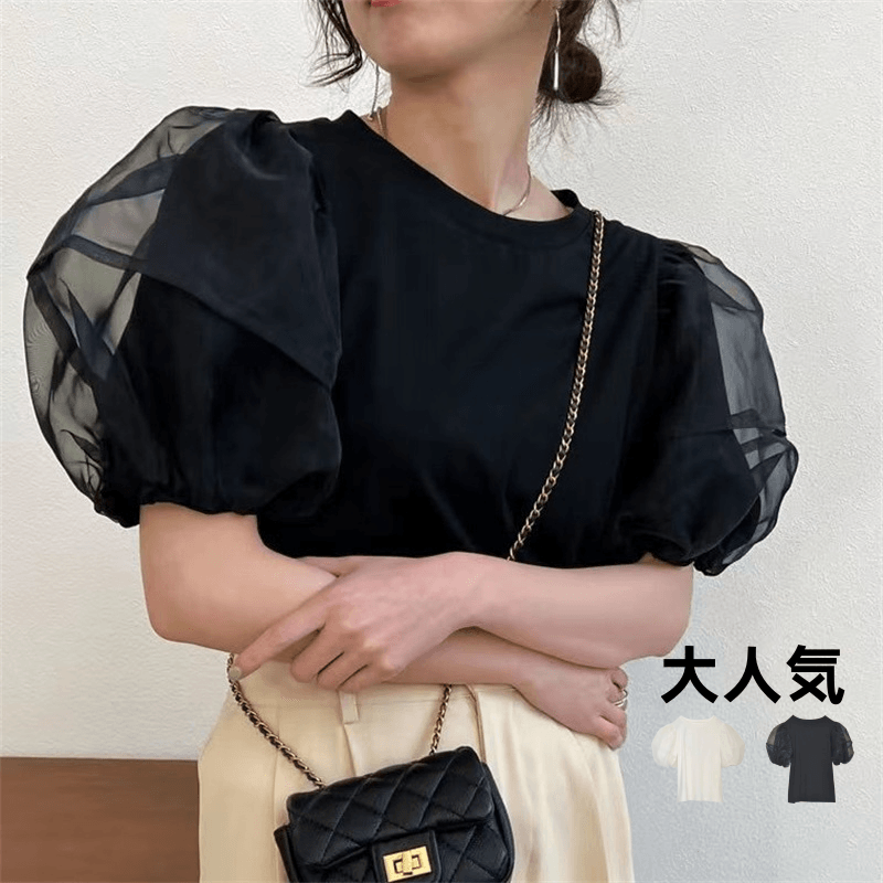 2026日系夏新款女装两色欧根纱泡泡袖素色上衣短袖圆领T恤灯笼袖