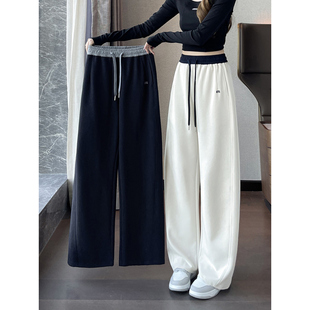 纯棉弯刀阔腿裤女卫裤高腰撞色窄版直筒裤秋冬新款加绒运动休闲裤
