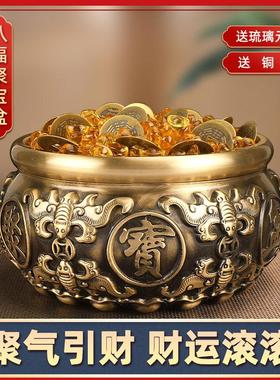 直播爆款八福聚宝盆纯黄铜摆件双鱼聚宝盆装满元宝黄铜工艺品摆件