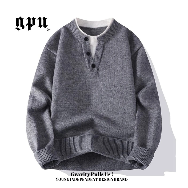 GPU言只男士假两件亨利领圆领美式老钱针织毛衣慵懒风情侣套头衫