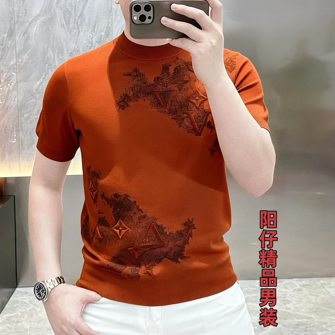 2026春夏欧货T恤圆领百搭针织衫男修身短袖字母毛衣青年潮欧货