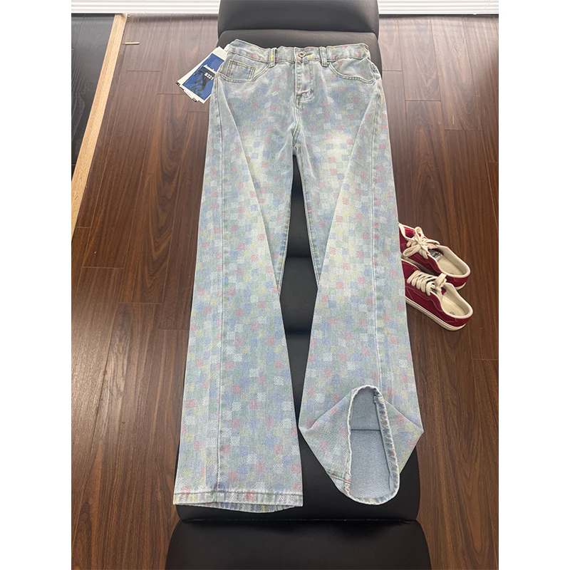 美式复古蓝色设计感提花格子软牛仔裤男女款显瘦宽松堆积感直筒裤