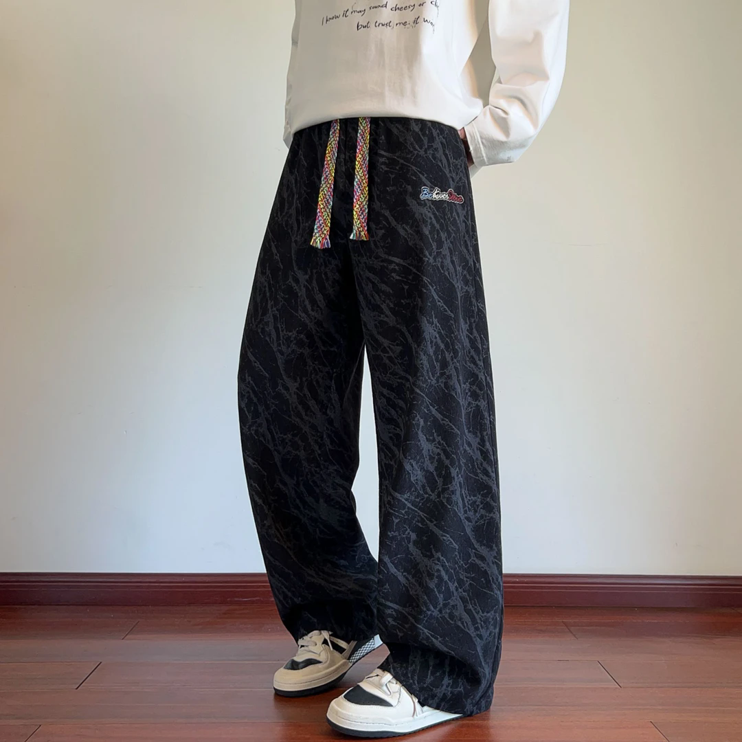 扎染高街裤子男秋冬新款加绒加厚百搭直筒宽松潮流阔腿慵懒风卫裤