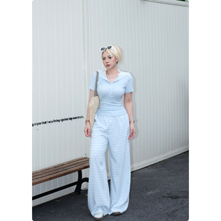 女休闲格纹裤 糯米子 时髦高腰直筒裤 显瘦遮肉阔腿裤 子 朝气裤