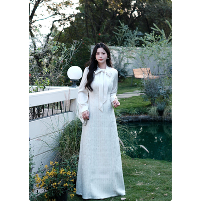 糯米子[商务晚宴]法式假两件连衣裙女显瘦白色富家千金风长裙