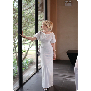 女装 糯米子 大码 露肩连衣裙女夏季 设计感收腰白色长裙子 缪斯女神