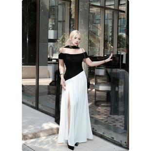 糯米子 天使一字领褶皱不规则抹胸裙名媛轻奢礼服裙 穹光之礼