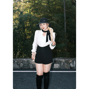 高级感黑白衬衫 法式 系带气质收腰显瘦上衣 赫本衬衫 糯米子