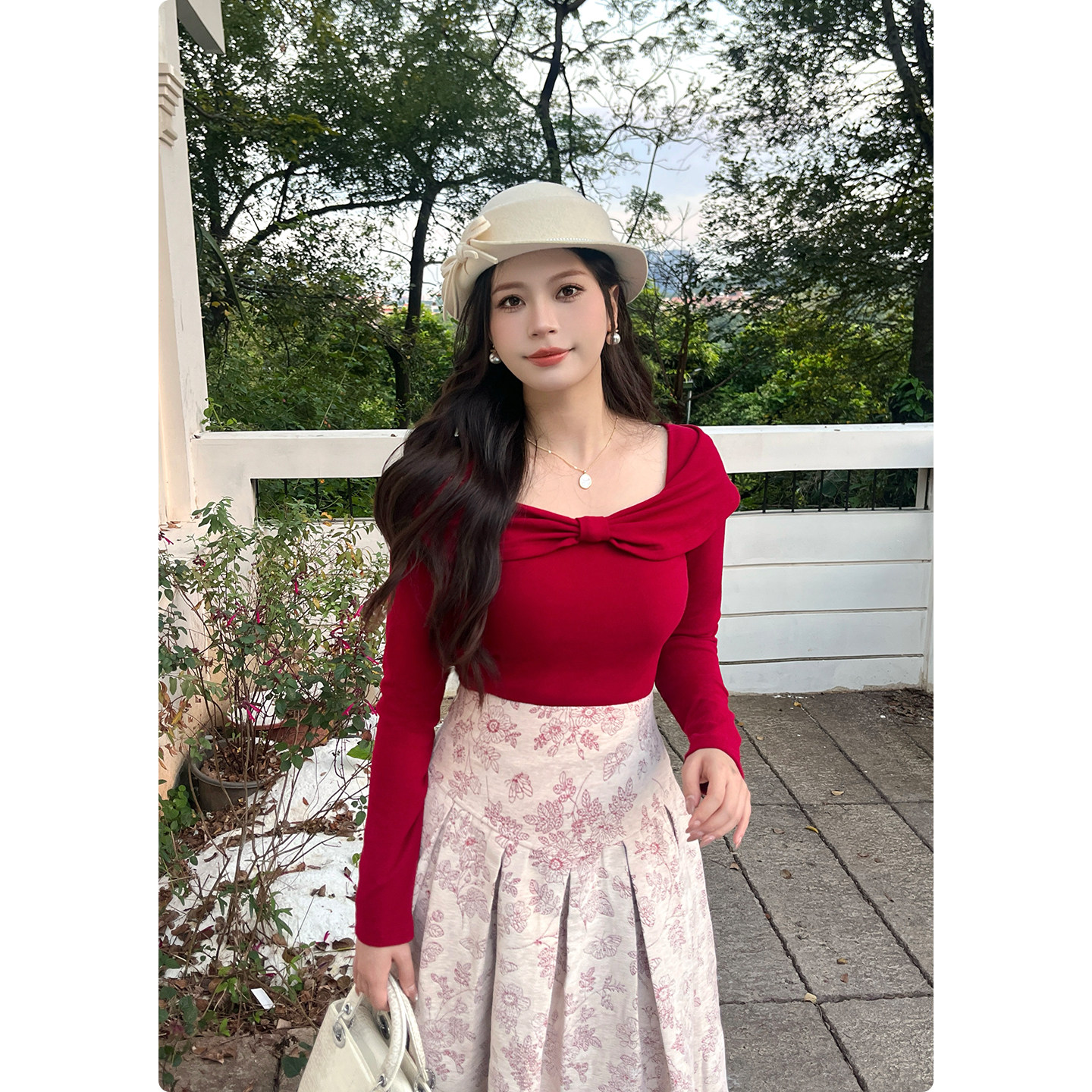 糯米子[芭蕾小姐t]绒感针织T恤本命年红色上衣秋冬蝴蝶结上衣