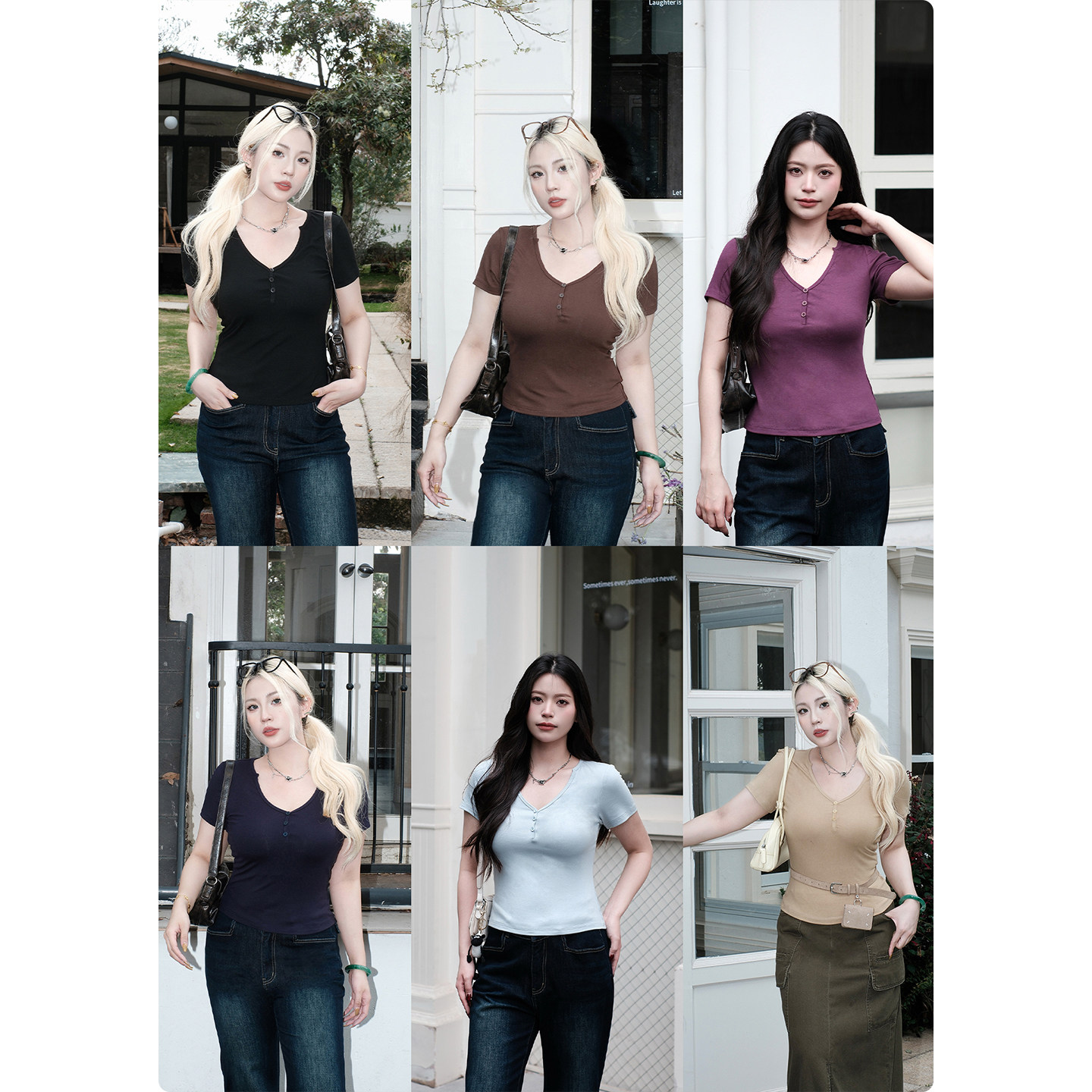 美式复古设计感V领短袖t恤