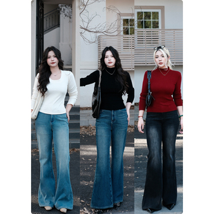 加厚高腰显瘦弹力牛仔裤 糯米子 子女秋冬季 微喇裤 漫画长腿加绒版