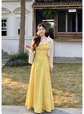 糯米子[日不落]法式度假风无袖背心黄色连衣裙女夏季长裙显瘦裙子