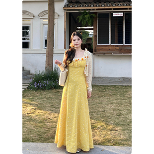 糯米子[日不落]法式度假风无袖背心黄色连衣裙女夏季长裙显瘦裙子