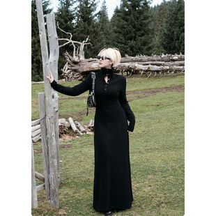 设计感显瘦长袖 韩系纽扣黑色连衣裙春秋季 微胖裙子 匿名者 糯米子