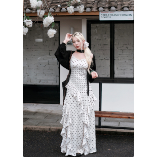 波点连衣裙女夏季 法式 不规则荷叶边a字吊带长裙 珍珠少女 糯米子