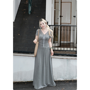 糯米子 垂感褶皱半身a字长裙子慵懒风女针织半身裙 休息日半裙