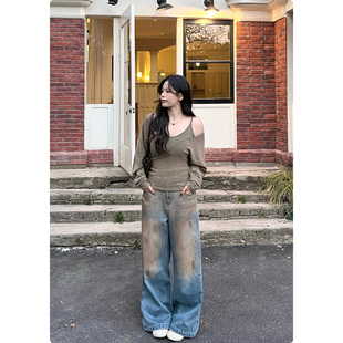 辣妹加绒宽松做旧阔腿水洗垂感直筒牛仔裤 新款 脏脏裤 糯米子