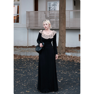 糯米子[魅丽之夜]赫本风黑色连衣裙女春秋季礼裙微胖大码露背裙子