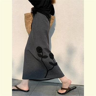 重要场合漂亮裙子女2025新款秋冬复古高腰灰色立体花朵a字半身裙