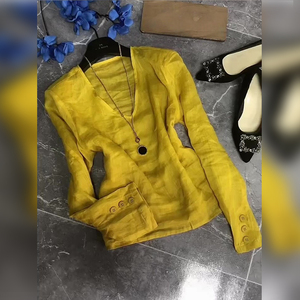 黄色修身显瘦显白独特设计感上衣轻薄舒适苎麻时尚防晒衫2025年夏