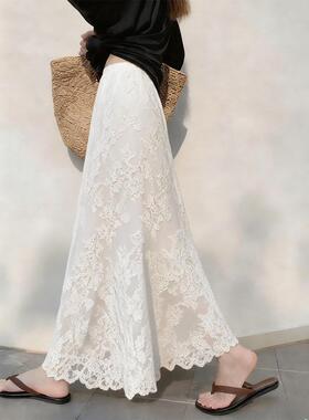 秋季独特设计感别致气质垂坠感白色蕾丝半身裙女高腰显瘦A字长裙