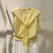 韩版 百搭通勤上衣 新款 气质轻熟风黄色无袖 圆领披肩上衣2025年夏季