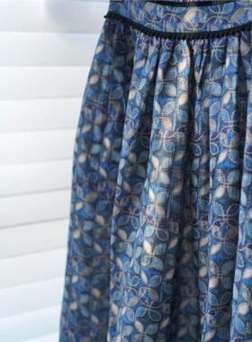 伯克利miu里miu气港风蓝色印花苎麻a字半身裙子女2025新款早春季