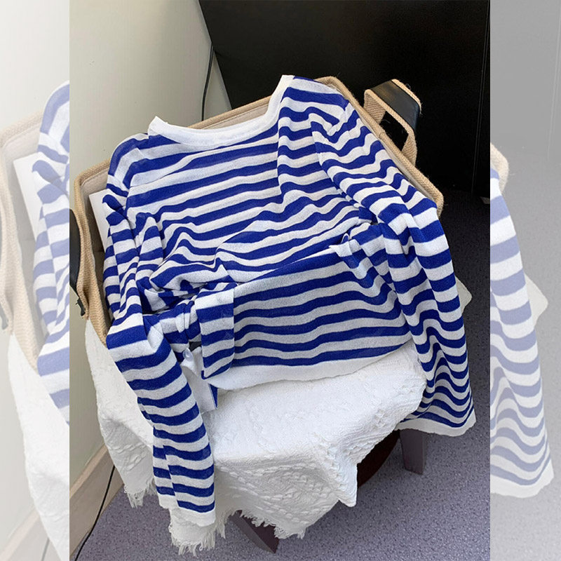 韩系简约条纹圆领长袖T恤上衣2025新款温柔海军蓝防晒针织空调衫,女装/女士精品,真丝上装,淘宝优惠券,粉丝福利购,淘宝优惠卷