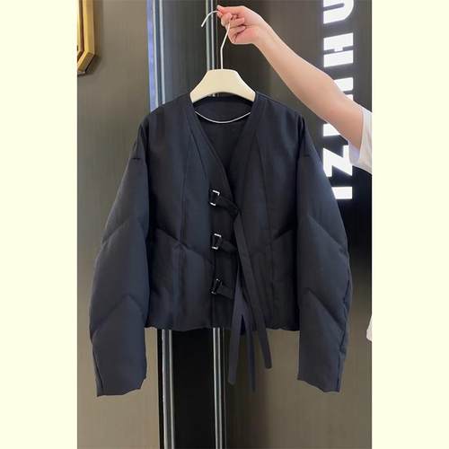 欧货洋气黑色V领羽绒棉外套女2025年冬装新款小个子宽松保暖棉服