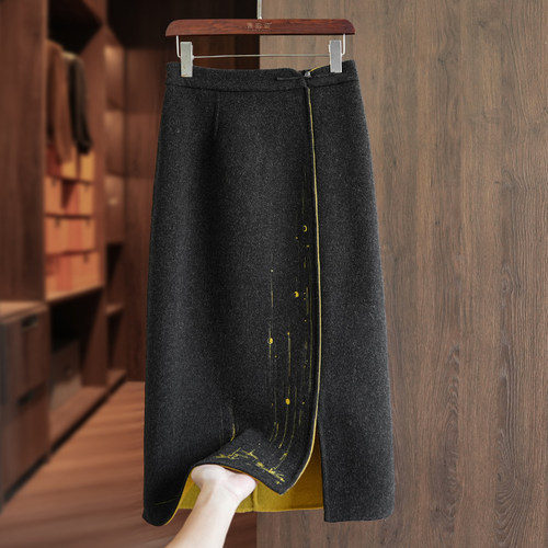 CHAO级推荐黑色羊毛毛呢半身裙女秋冬中式盘扣高腰a字开叉中长裙