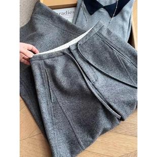 广州十三行爆款~秋冬老钱风灰色毛呢裤女腰头设计垂感窄版直筒裤