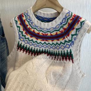 渠道货 复古彩色费尔岛全羊毛提花圆领针织背心马甲女 RL拉fu
