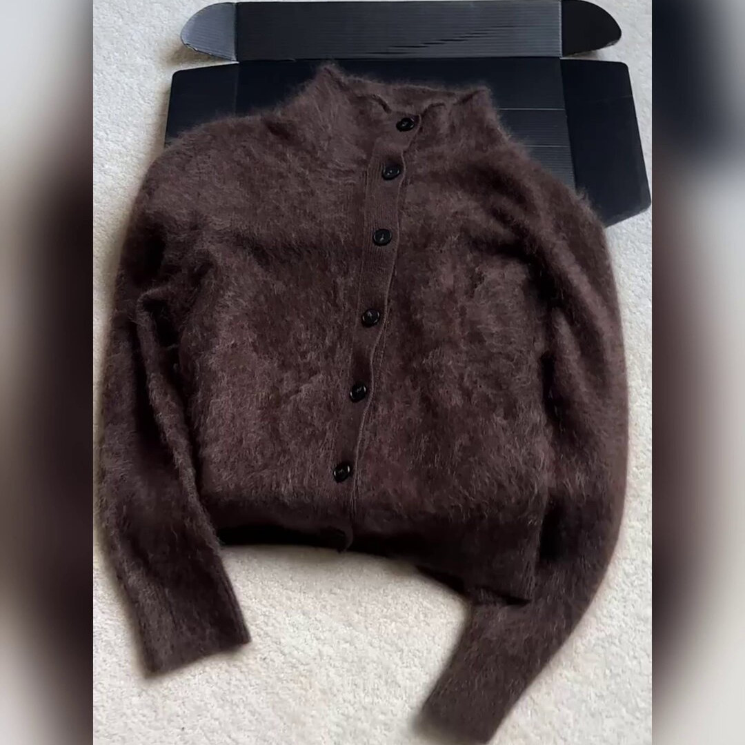 CHAO级推荐！红棕色山羊绒拉绒立领毛衣女秋韩系复古软糯针织开衫