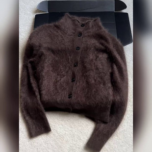 CHAO级推荐 红棕色山羊绒拉绒立领毛衣女秋韩系复古软糯针织开衫