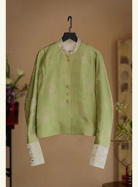 深圳南油轻奢高端货高级感气质新中式国风绿色缎面外套女2025秋冬