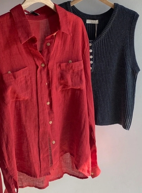CHAO级推荐！红色翻领亚麻衬衫女春秋双口袋时尚长袖防晒衬衣
