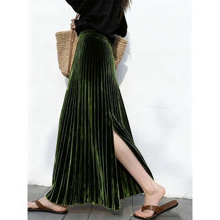 冬天配大衣 裙子重要场合漂亮复古高腰绿色a字百褶丝绒半身裙女