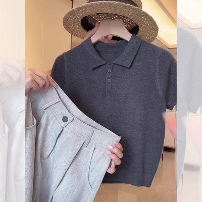 广州十三行高端爆款polo领深灰色短袖针织衫夏季休闲简约风上衣女