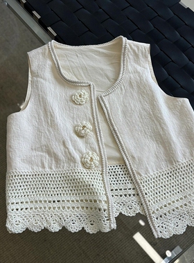 2025超火减龄镂空钩花女士马甲背心设计感小众拼接白色无袖上衣春