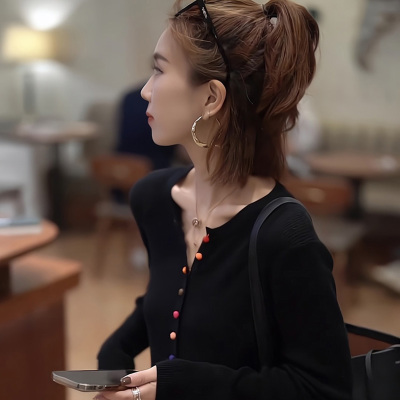 清仓一线品牌专柜高端黑色针织开衫长袖小众洋气女装高级感上衣潮