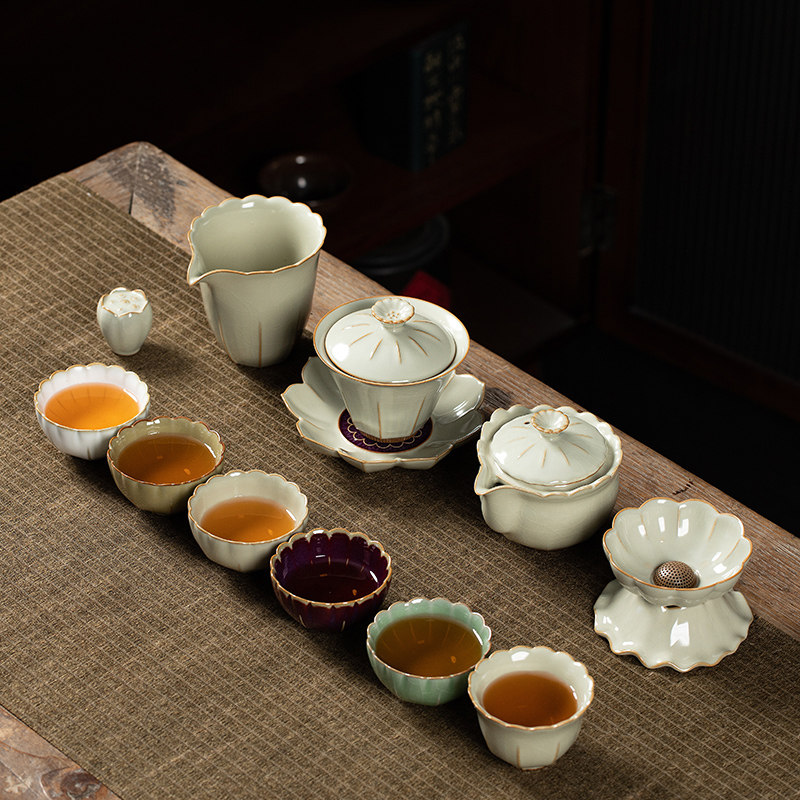 豆黄汝窑功夫茶具套装家用2024新款盖碗茶杯陶瓷泡茶碗整套礼盒装