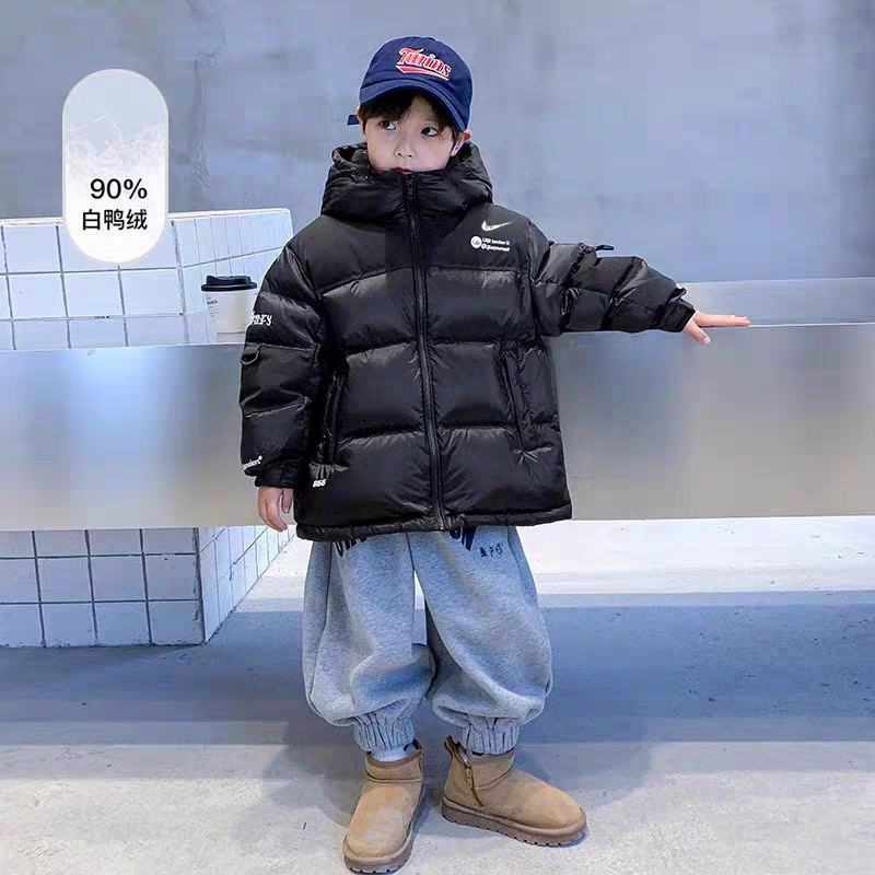 正品NK男童女童黑色连帽免洗羽绒服2025新款儿童加厚冬装男孩外套