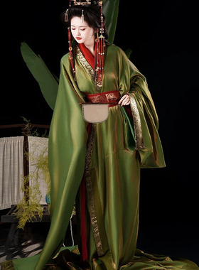 汉服 战国袍 复原直裾红绿色织金锦双层大袖衫春秋冬日常仙气春夏