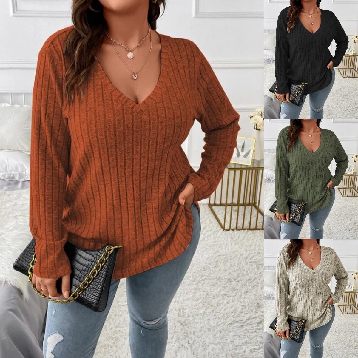 pullover loose T-shirt brushed long-sleeved V-neck tops