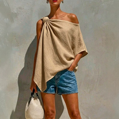 纯色斜肩结设计短袖T恤女 Slanted shoulder short sleeved shirt