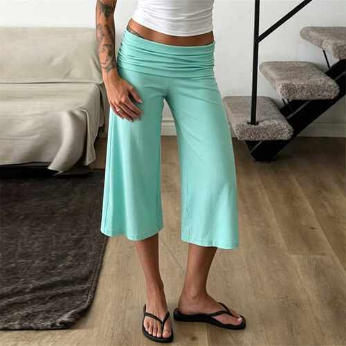 欧美时尚休闲宽松直筒七分裤阔腿裤女 Casual Loose Shorts Pants