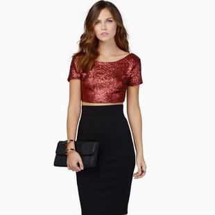 T-Shirt Cropped Eye-catching Sequined Navel Backless Sexy