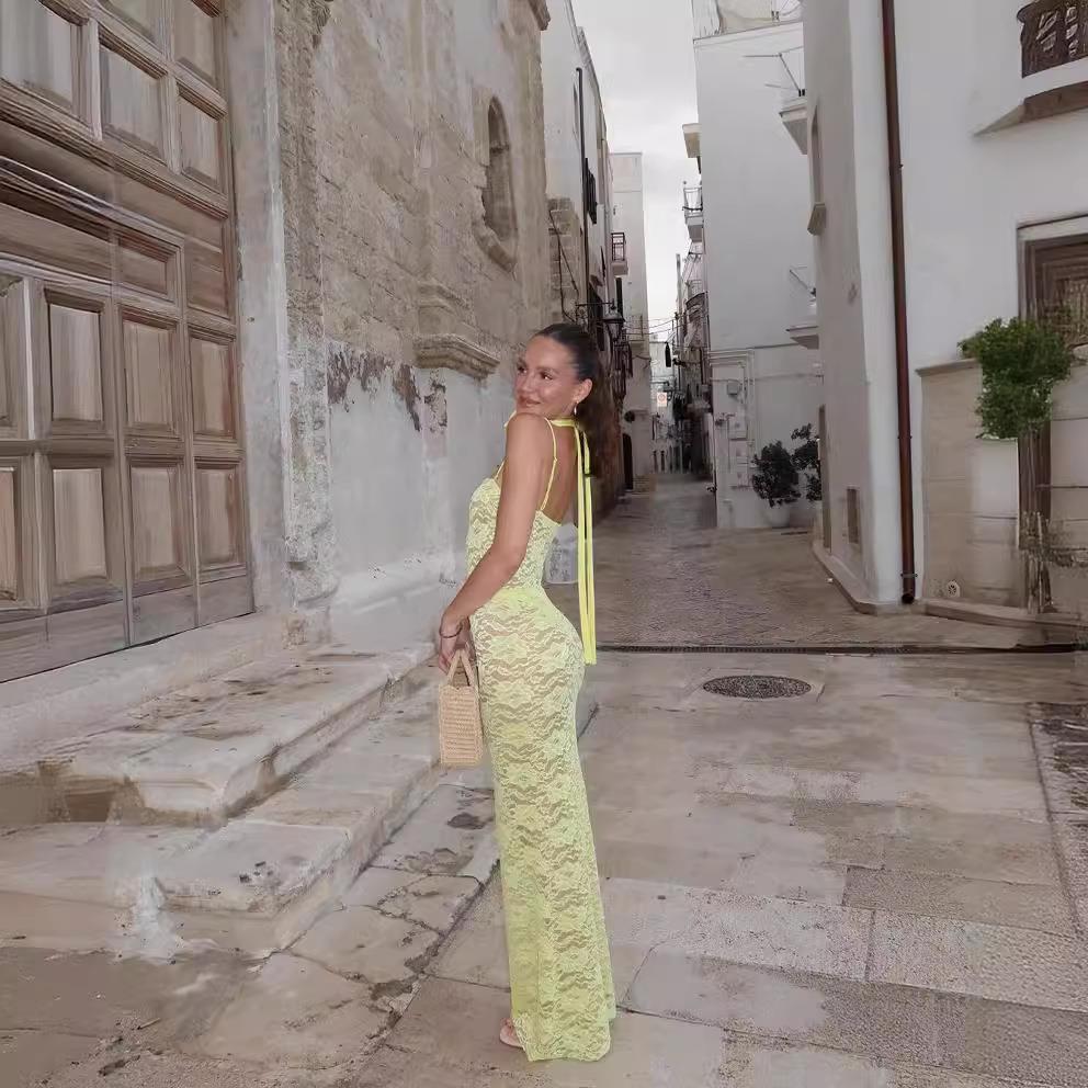 hollow dresses summer out see party long lace women straps