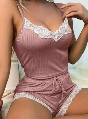 set pajamas lace shorts camisole backless navel-baring sexy