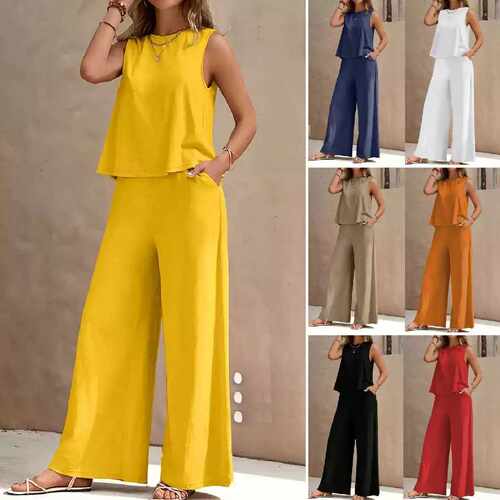 A vest and wide-leg pants suit欧美纯色圆领背心和阔腿裤两件套